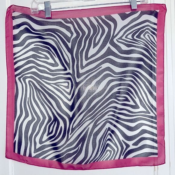 Black & white zebra print semi sheer square scarf with bright pink border - Picture 2 of 5